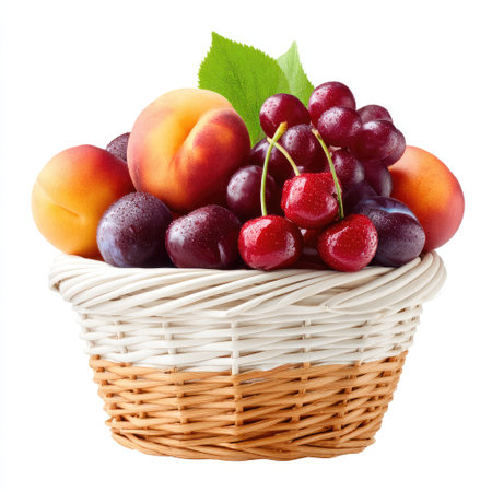 A visually appealing arrangement of assorted fresh fruits in a woven basket. Ideal for showcasing healthy eating, vibrant colors, and culinary variety.の素材