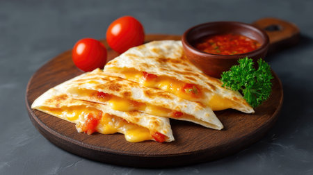 Indulge in a plate of tasty melted cheese quesadillas with fresh tomatoes and salsa, perfect for sharing at gatherings or enjoying alone. A delightful treat!の素材