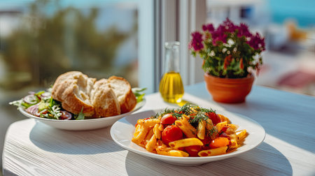 Enjoy a vibrant Italian pasta dish featuring colorful vegetables, paired with refreshing salad and bread, all beautifully arranged against a scenic backdrop.の素材