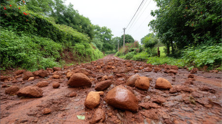 A scenic view of a rocky rural road covered with stones, flanked by lush green vegetation and an overcast sky, capturing the essence of natureの素材