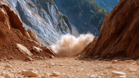 A dramatic scene showing dust clouds rising from rocky terrain in a mountainous landscape, illuminated by sunlight, highlighting dynamic geological processes at work.の素材