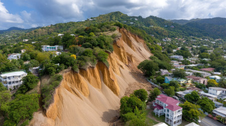 This aerial image captures a significant landslide on a hillside, showcasing the effects of erosion on a residential area surrounded by lush greenery and a cloudy sky.の素材