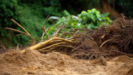 This image showcases exposed tree roots intertwined with earthy soil, illustrating nature's resilience amidst change, surrounded by lush greenery.の素材