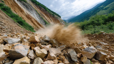 This image captures a dynamic rockslide in a mountain valley, showcasing the natural erosion process. Clouds of dust and debris create a dramatic effect amidst lush vegetation.の素材