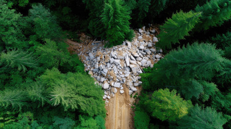 Aerial view showcasing rocky debris amidst a dense forest, highlighting a dirt path surrounded by lush greenery and natural elements in a tranquil wilderness setting.の素材