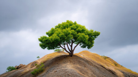 A solitary green tree rises majestically on a hill, surrounded by earthy tones and dramatic clouds. This image evokes feelings of tranquility and connection to nature.の素材