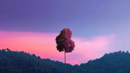 A captivating image showcasing a solitary tree against a vibrant sunset backdrop, creating a serene and tranquil atmosphere in a picturesque landscape.の素材