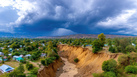 This stunning aerial photograph captures a dramatic landscape featuring an eroded cliff under stormy skies, surrounded by green vegetation in a rural area.の素材