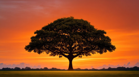 A stunning silhouette of a large tree stands against a breathtaking sunset, filled with vivid colors and soft clouds. This image captures the essence of tranquility in nature.の素材