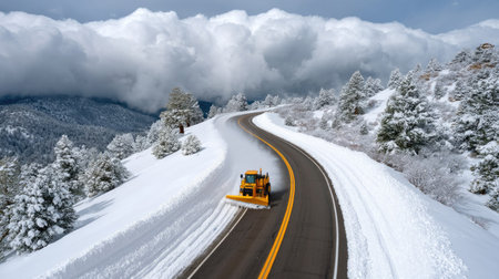 A snow plow clears a winding mountain road in a cold winter landscape, surrounded by snow-laden trees and dramatic clouds, creating a serene winter scene.の素材