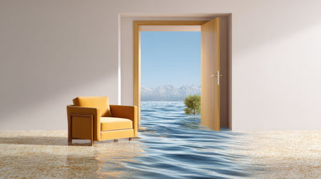 A captivating image of an open door revealing tranquil waters and scenic mountains, creating a surreal atmosphere with a cozy chair amidst a flooded room.の素材