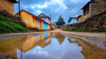 A serene village scene capturing colorful houses reflecting in a puddle on a dirt path, set against a backdrop of a dramatic cloudy sky. Perfect for nature lovers!の素材