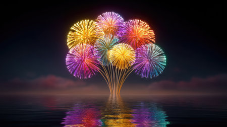 A stunning vibrant fireworks display bursting in colorful patterns over a serene water surface creates a magical atmosphere for celebrations and festivities.の素材
