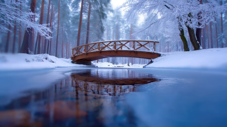 A captivating winter scene featuring a wooden bridge over a frozen stream, surrounded by snow-covered trees, evoking tranquility and natural beauty in the forest.の素材