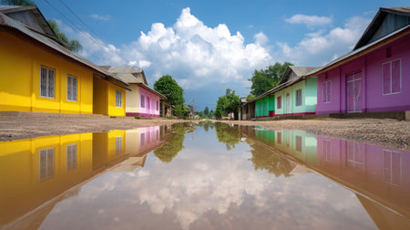 Vivid reflection of colorful houses in a water puddle enhances the calm atmosphere of a rural neighborhood under a serene blue sky with fluffy clouds.の素材