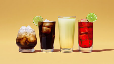 Explore a vibrant collection of colorful beverages featuring ice and fresh lime, perfect for summer celebrations and refreshing moments with friends.の素材