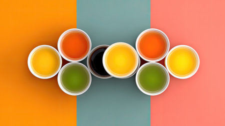 This stunning image showcases an array of colorful cups filled with refreshing drinks on a geometric background, perfect for a party or summer event.の素材