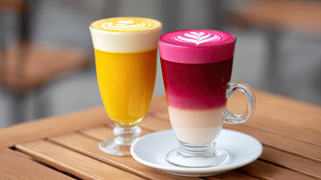 Two captivating cups of vibrant turmeric and beetroot latte sit on a wooden table, showcasing intricate latte art, perfect for a cozy cafe atmosphere.の素材