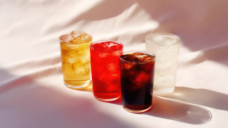 A vibrant display of four colorful cold beverages with ice cubes in clear glasses, set against a soft background, perfect for summer themes and refreshing moments.の素材