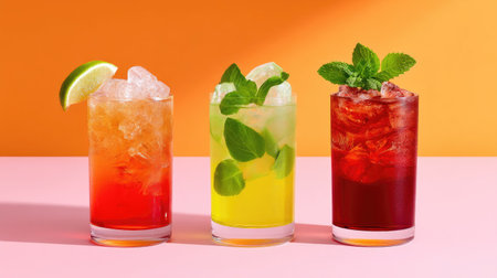 A vibrant arrangement of three refreshing cocktails featuring lime, mint, and ice, set against a bright orange and pink background, perfect for summer vibes.の素材