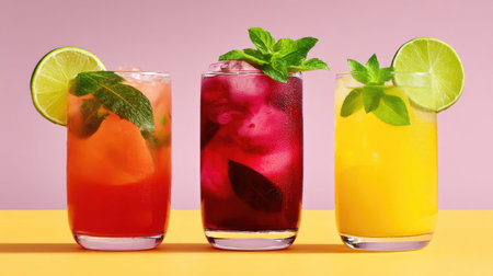 This image showcases three refreshing summer beverages in colorful glasses, garnished with mint leaves and citrus slices, perfect for warm days and cheerful gatherings.の素材