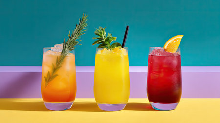 A vibrant collection of refreshing summer drinks displayed in clear glassware, featuring colorful garnishes against a bright, energetic background. Perfect for celebrations.の素材