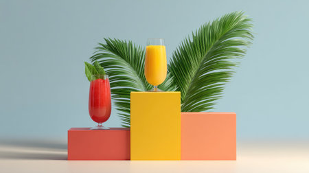 A bright arrangement of tropical drinks presented on colorful stands with palm leaves. Perfect for evoking summer vibes and relaxation in artistic design.の素材
