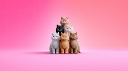 A delightful arrangement of seven cartoon cats in various colors sits together against a soft pink backdrop, perfect for childrenの素材