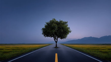 A stunning roadside view showcasing a solitary tree at twilight with majestic mountains behind and expansive fields beside the road, inviting exploration and tranquility.の素材