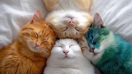 This heartwarming image showcases four cute cats peacefully sleeping on soft white bedding, displaying their variety of vibrant fur colors and serene expressions.の素材