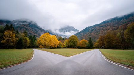 A tranquil autumn scene depicting a crossroads surrounded by vibrant trees and misty mountains. The serene atmosphere invites exploration and reflection in nature.の素材