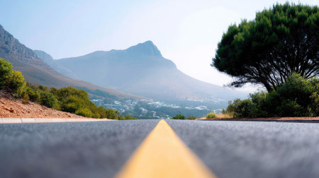 A stunning view of a deserted road stretching towards majestic mountains, surrounded by lush greenery under a bright blue sky. An ideal scene for tranquility seekers.の素材