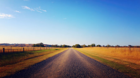 A tranquil country road stretches into the distance under a stunning blue sky, bordered by golden fields and rustic fences, capturing a serene outdoor landscape.の素材