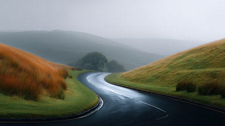 A picturesque scene of a winding road meandering through misty hills, surrounded by lush greenery and golden grass, evoking a sense of tranquility and natural beauty.の素材