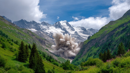 An impressive explosion creates a massive dust cloud in a serene alpine valley, surrounded by stunning snow-capped peaks and vibrant greenery beneath a dramatic sky.の素材