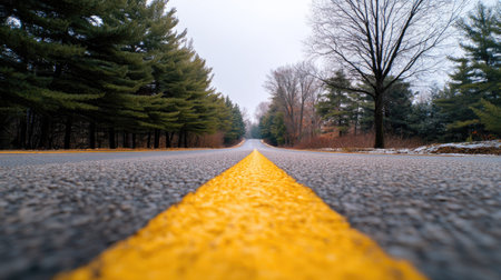 A tranquil view of an empty road flanked by trees, captured from a low angle. The yellow center line draws the eye, set against a soft, overcast sky.の素材