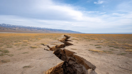 A striking display of a deep crack in the earth, surrounded by a vast landscape under a clear blue sky. This natural erosion highlights geological features and beauty.の素材