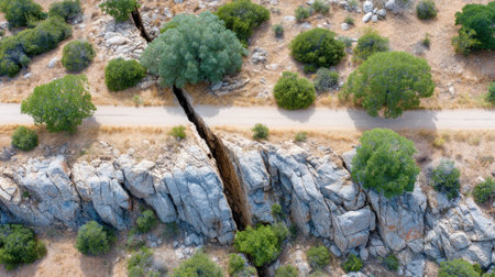 Explore the stunning aerial perspective of a cracked earth landscape featuring trees and rocky formations beside a tranquil pathway in natural surroundings.の素材