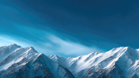 Stunning view of a snow-covered mountain range against a vivid blue sky, showcasing the beauty of nature in winter. Ideal for landscape lovers and outdoor enthusiasts.の素材