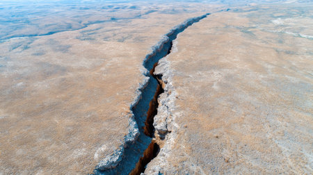Stunning aerial view of a vast arid landscape featuring a prominent crack in the earth, showcasing unique geological formations under a bright blue sky.の素材