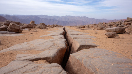 This image showcases a dramatic crack in a rocky desert landscape, with a stunning backdrop of mountains and a clear blue sky, highlighting nature's raw beauty.の素材
