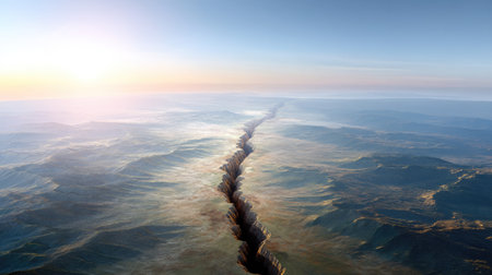 Breathtaking aerial view of a deep geological fault line at sunrise, showcasing dramatic landscapes and colorful sky. Ideal for nature and geology themes.の素材