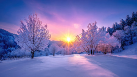 A breathtaking winter landscape showcasing frosty trees and a vibrant sunrise over snow-covered mountains. The tranquil scene captures the beauty of nature at dawn.の素材