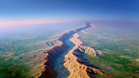 A breathtaking aerial view captures a stunning mountain range with a winding river, showcasing nature's beauty and the serene landscape below under a clear sky.の素材