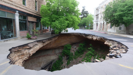 A striking image of a large sinkhole that has formed on a deserted street, revealing a surprising landscape of overgrown vegetation and crumbling infrastructure.の素材
