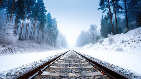 This captivating winter scene features snow-covered railway tracks leading into a misty forest, evoking a sense of tranquility and adventure in nature's beauty.の素材