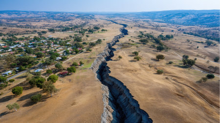 This stunning aerial view captures a wide geological rift stretching across a dry landscape, showcasing the contrast between nature and human habitation in the distance.の素材