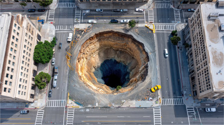 This aerial shot captures a massive sinkhole in a city street, showcasing the devastation to the infrastructure. The vibrant surroundings highlight urban life interrupted.の素材