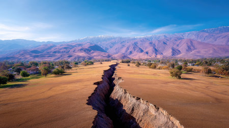 Stunning aerial shot of a deep earth crack set against vast mountains and a vibrant valley. A serene depiction of nature's powerful forces and beauty.の素材