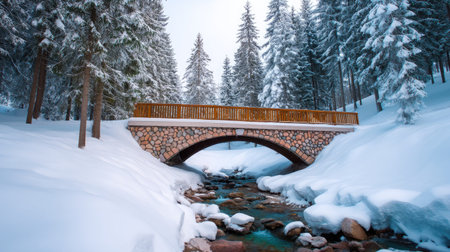 An enchanting winter scene featuring a snow-covered bridge arching over a serene stream, surrounded by evergreen trees and stunning mountain views in a peaceful setting.の素材